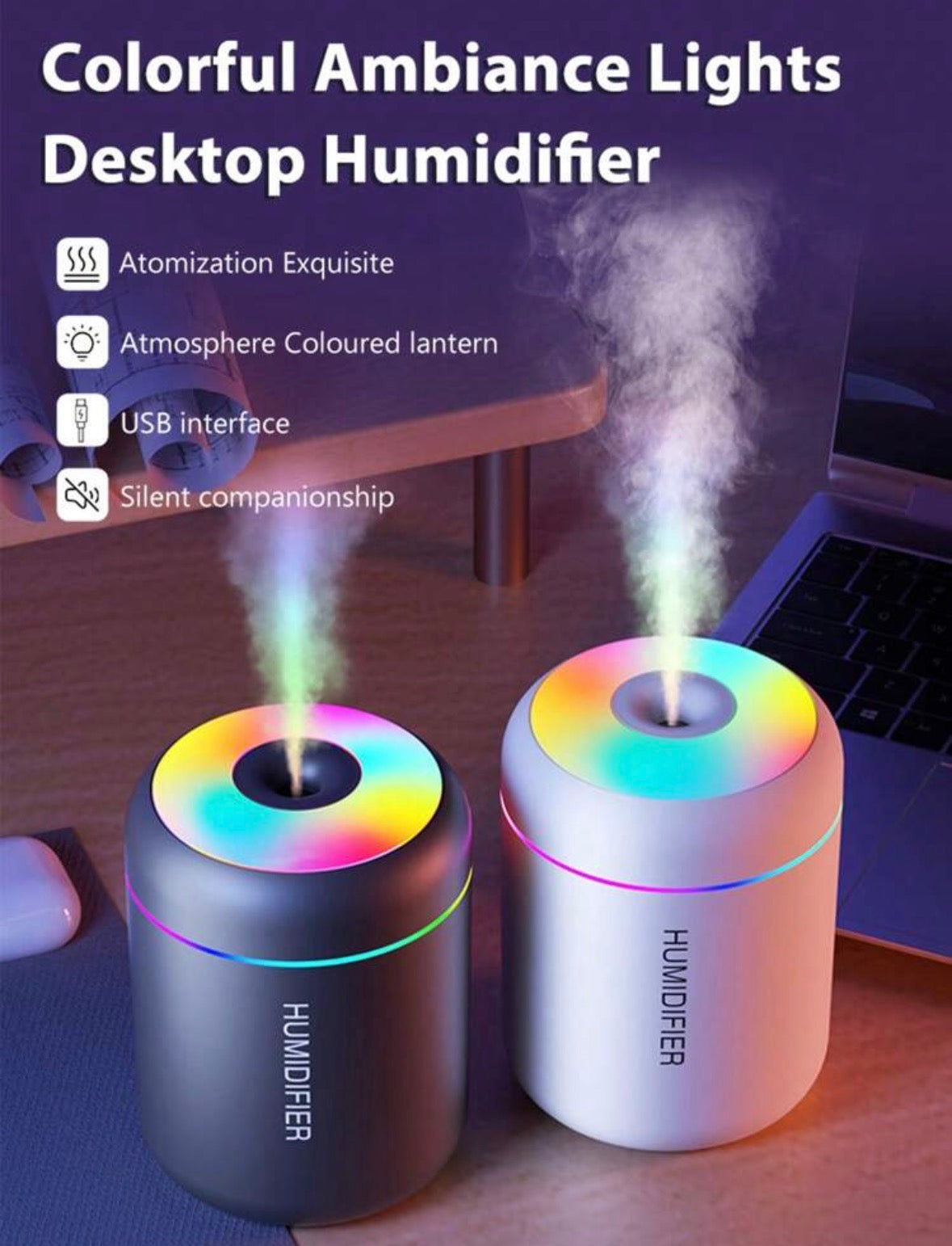 Humidifier And Mist Diffuser - USB Color Changing Night Light and Cold Mist Function