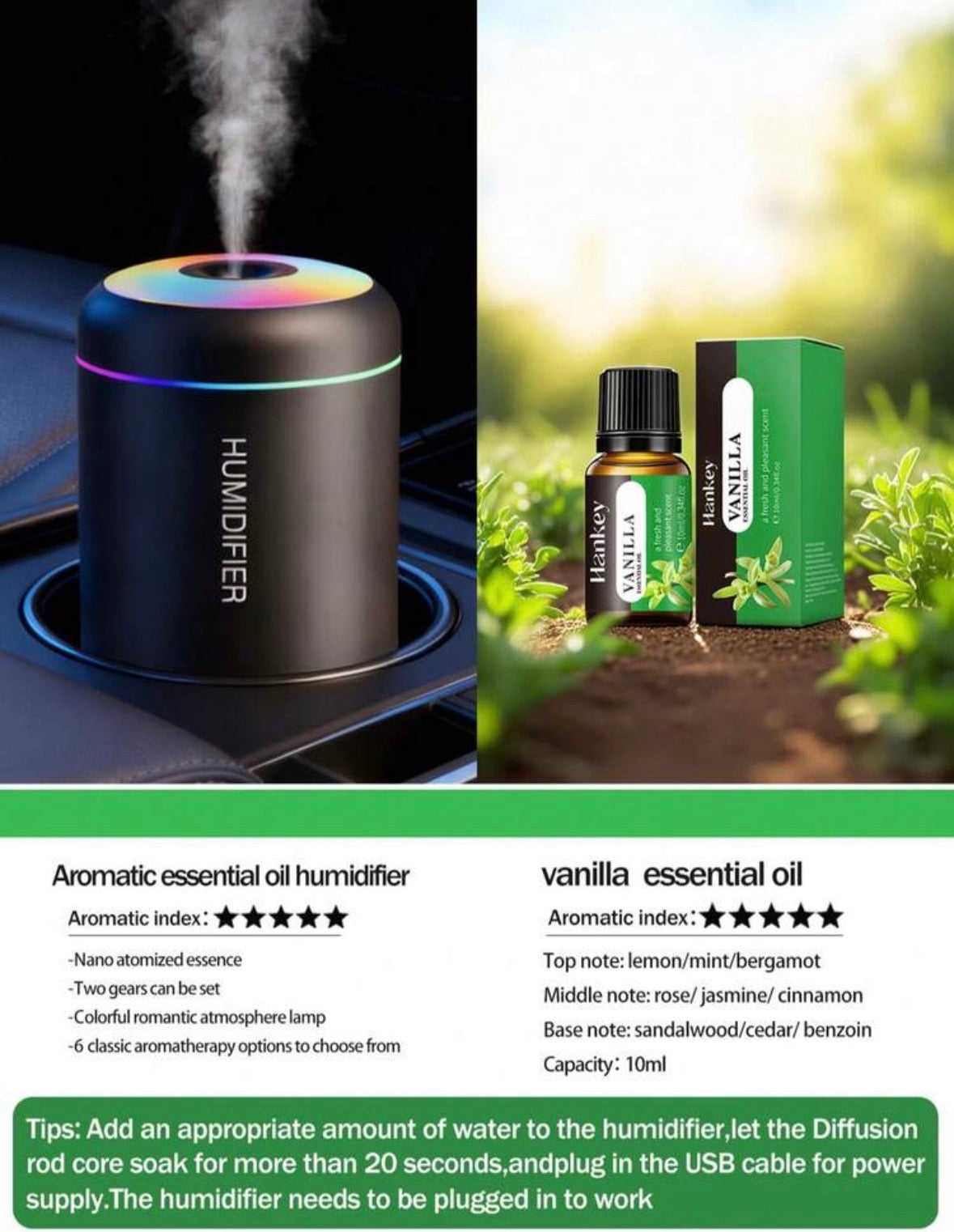 Humidifier And Mist Diffuser - USB Color Changing Night Light and Cold Mist Function